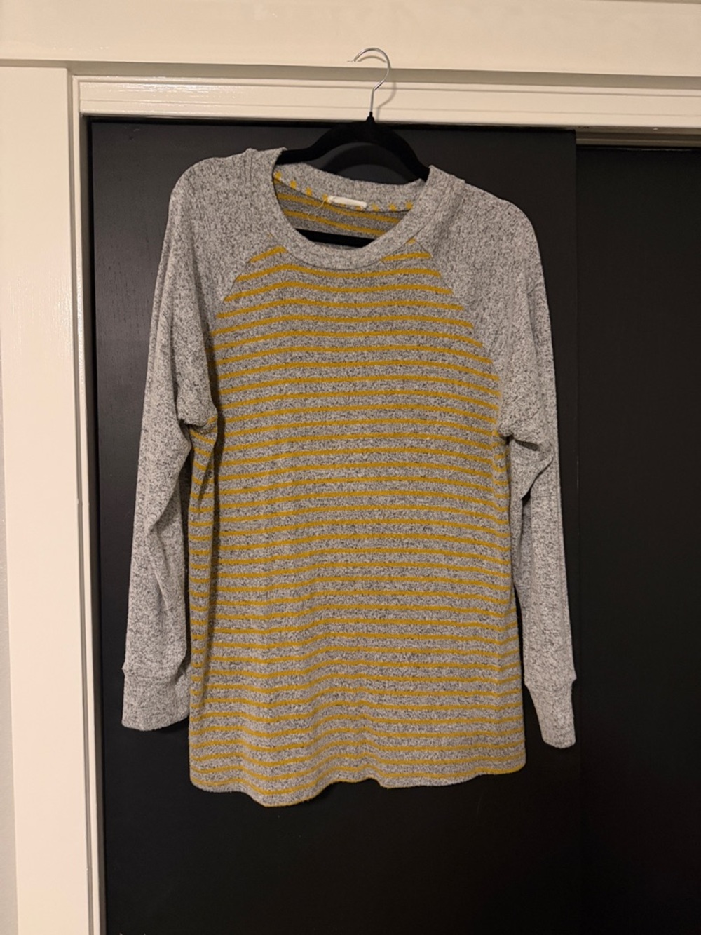 Loveappella Gray and Mustard Striped Raglan Long Sleeve Top